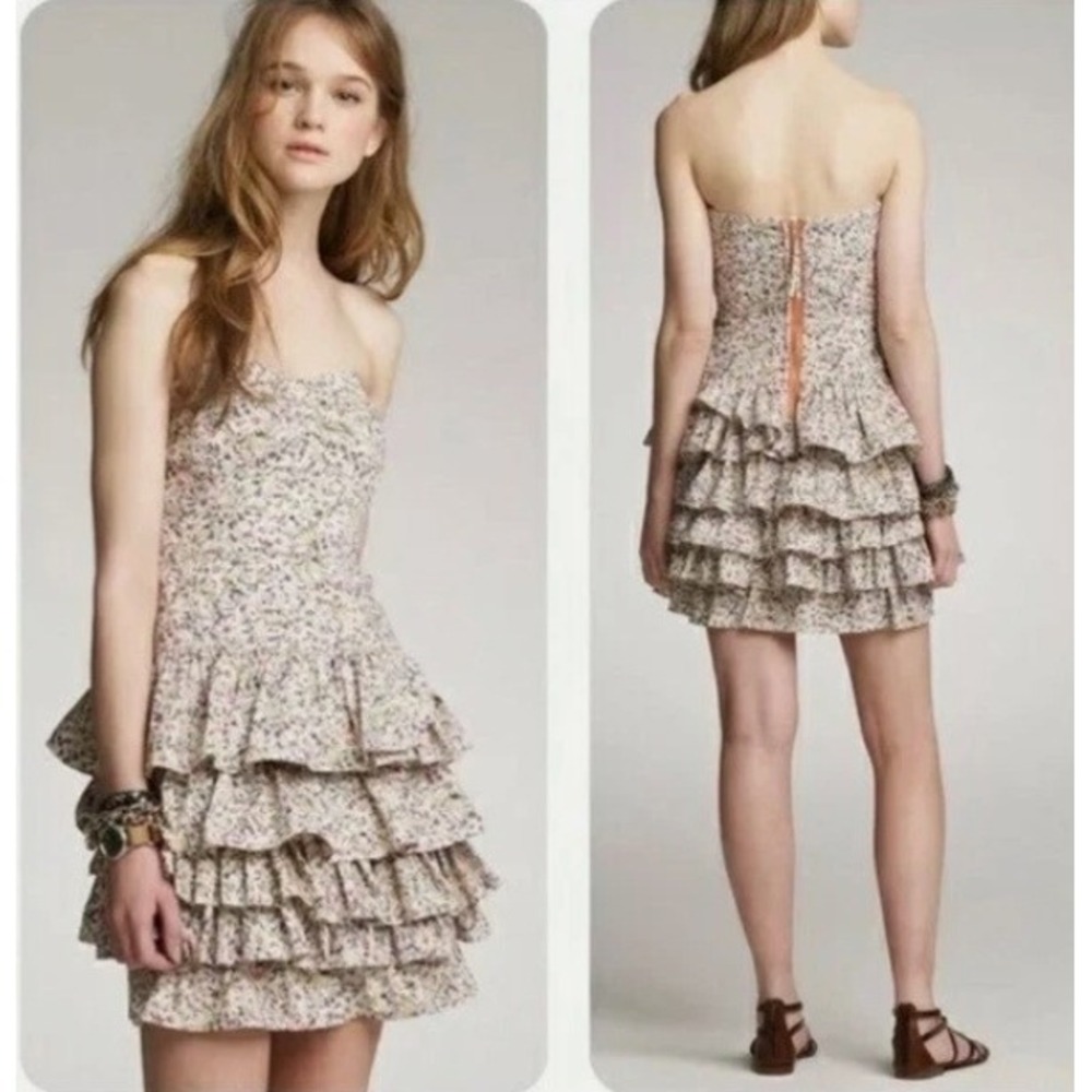 J. Crew Floral Strapless Ruffled Mini Dress in Cream and Pink